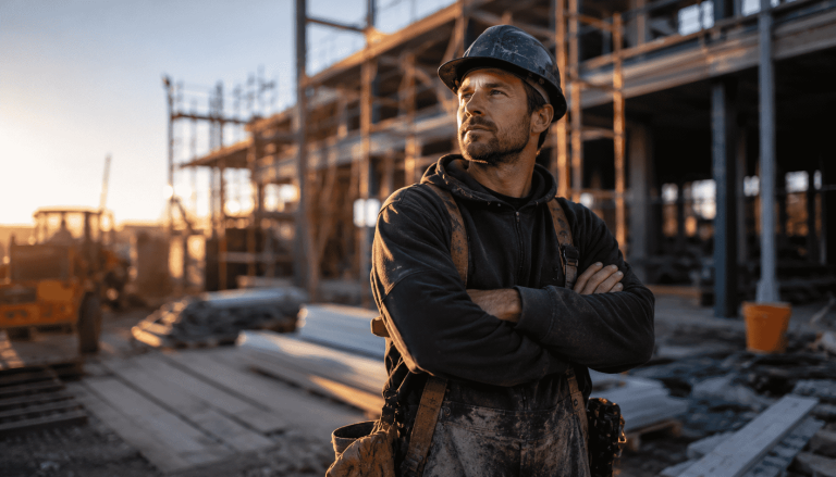 Construction worker in a hard hat stands confidently at a building site during sunset.