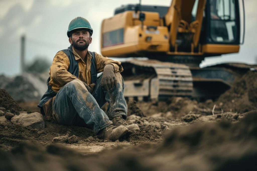 A construction worker sits on the ground, wearing a hard hat and gloves, with an excavator in the background.