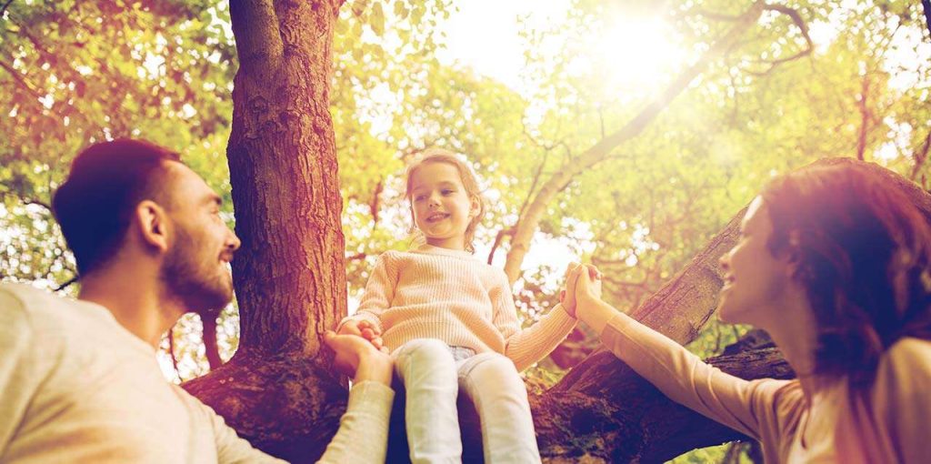 A family enjoys a sunny day outdoors, with a child sitting on a tree branch while parents hold her hands.